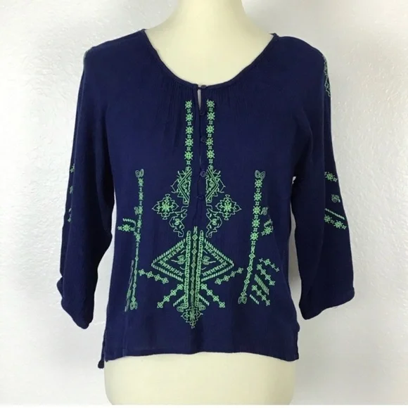 Altar’d State Top Boho Tie Up Blue Embroidery Green Size S - Picture 3 of 7